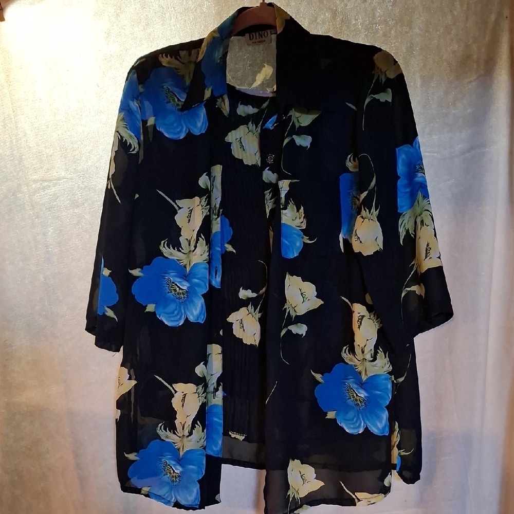Women's Two Piece Floral Blouse Set - Black and Blue‎